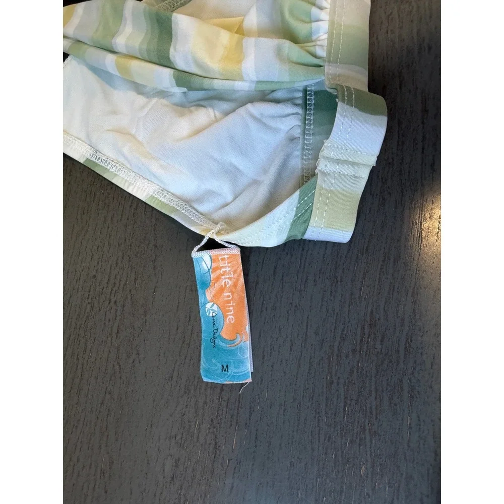 Title Nine Bikini Set Green Yellow Striped Halter Top Ruched Bottoms Medium